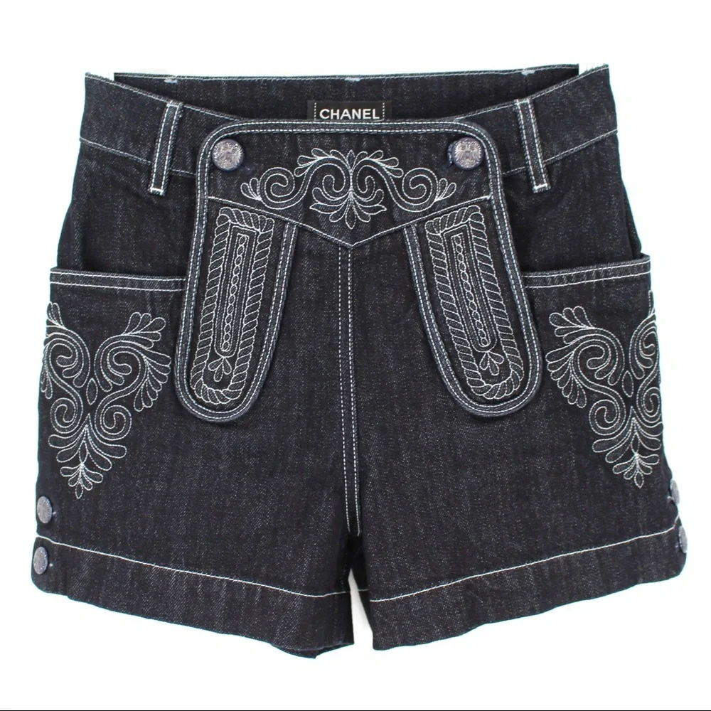 CHANEL Dark Indigo Embroidered Denim Shorts